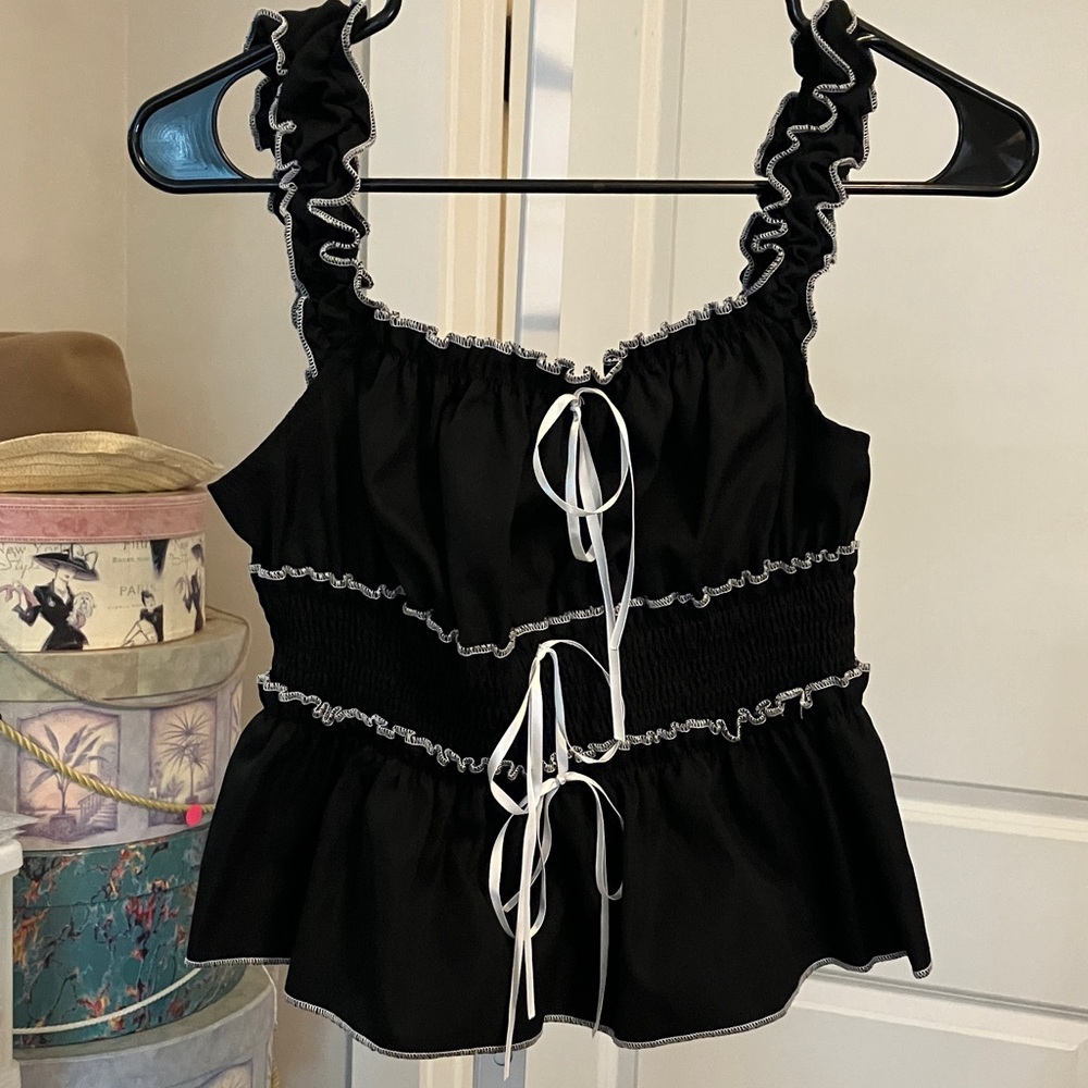 SHEIN Black Ruffle Strap Crop Top with White Tie Detail